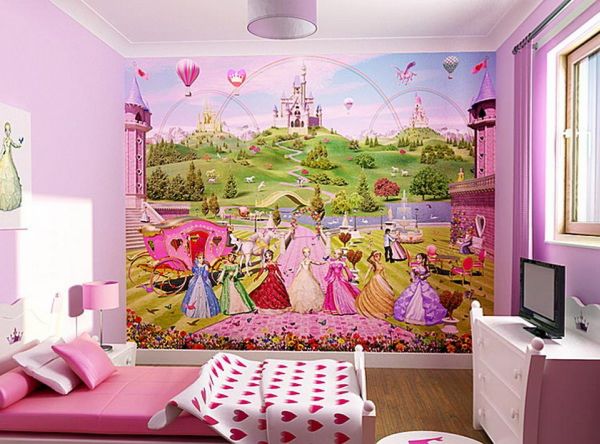 Disney princess wallpaper can turn a girls' bedroom in pink and white into something magical