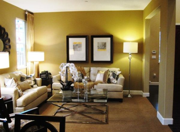 Elegant floor lamp complements the lovely golden hues of these interiors