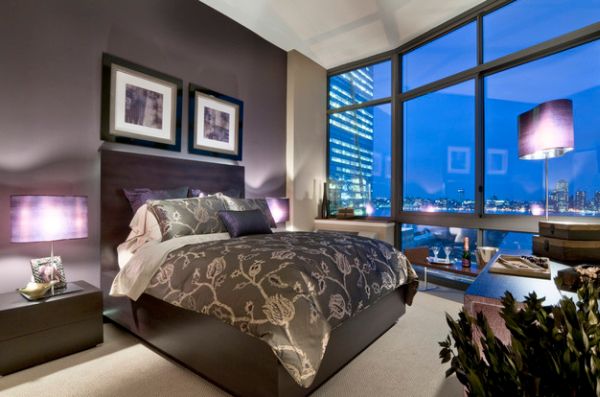 Elegant modern bedroom with lampshades that add an extra tinge of purple