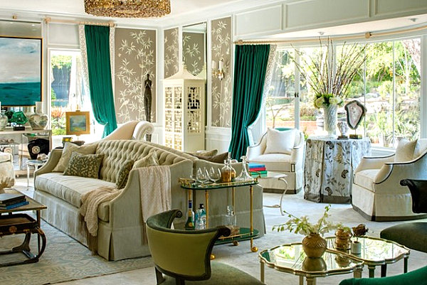 Emerald green curtains in an elegant living room