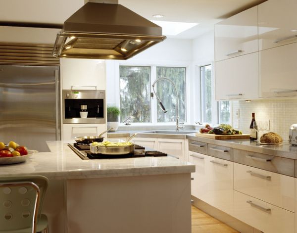 Ergonomic contemporary kitchen in white with a stylish corner sink