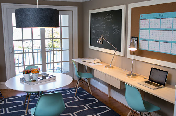 Family home office with retro-style chairs