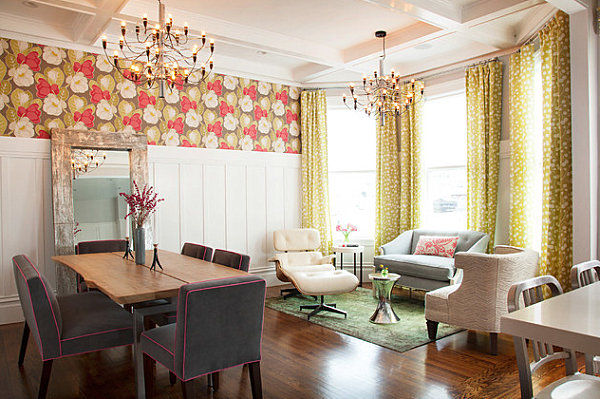 Floral wallpaper in a living and dining space