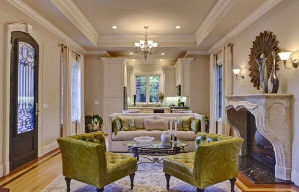 Functional and traditional family room design with green furnishings