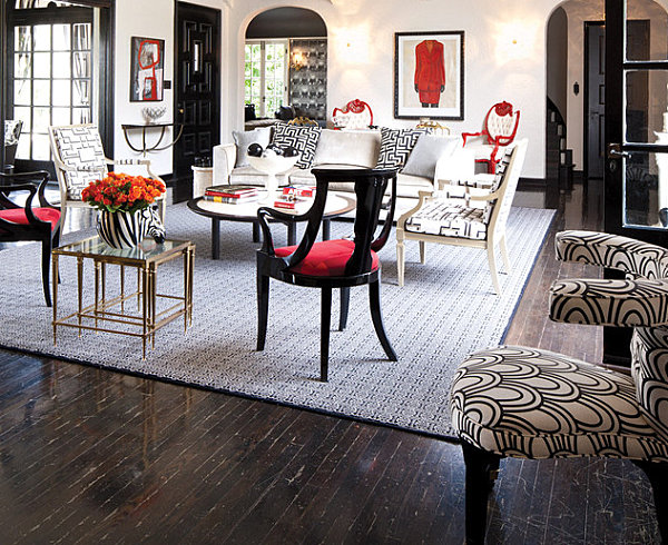 Glamorous black, red and white living room