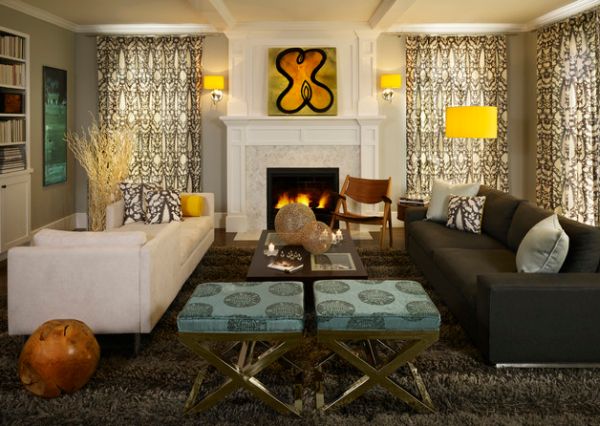 Gloden yellow lamp shade brings in some much needed color into this family room