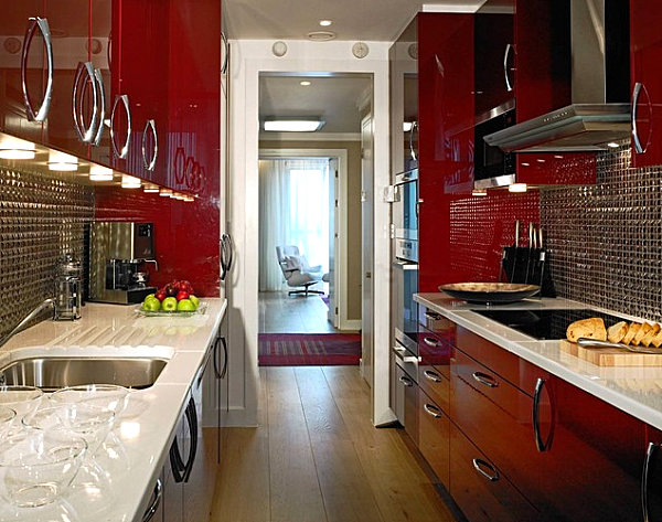 Glossy red cabinets in a modern kitchen