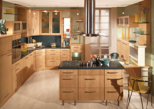 Gorgeous kitchen draped in wooden tones with a corner sink