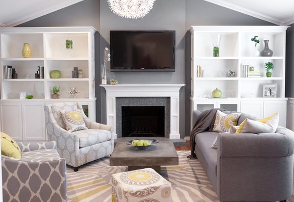 Grey living room with pops of soft color in yellow and green