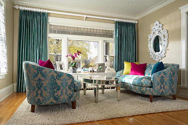 Jewel tones and brocade in a glamorous living room