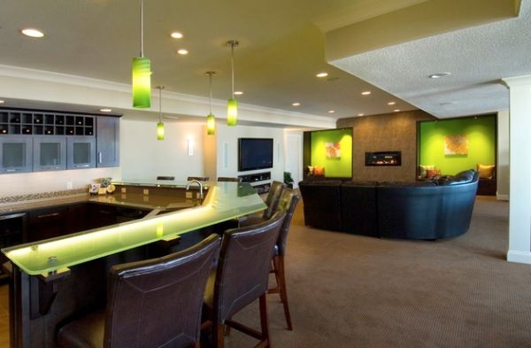 LED lighting in green used as accent shade in an open living room and kitchen