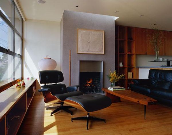 Living room with Eames Lounger turned away from the view outside