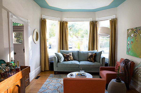 Living room with painted ceiling