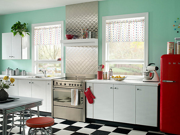 Metal backsplash and canisters in a retro kitchen