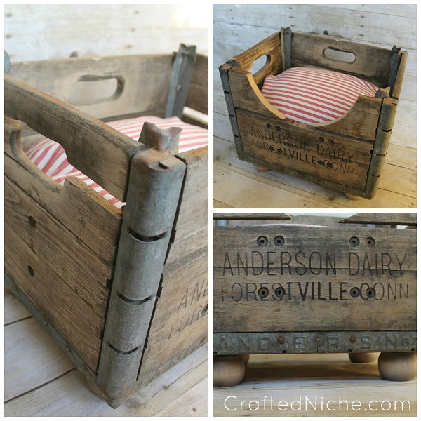 Milk crate converted into dog bed