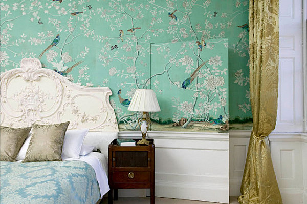 Mint wallpaper in a Chinoiserie-style bedroom