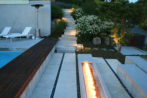 Modern concrete outdoor fireplace