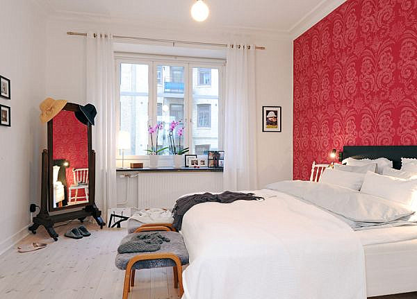 Modern eclectic red and white bedroom