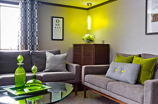 Olive green details in a modern living room