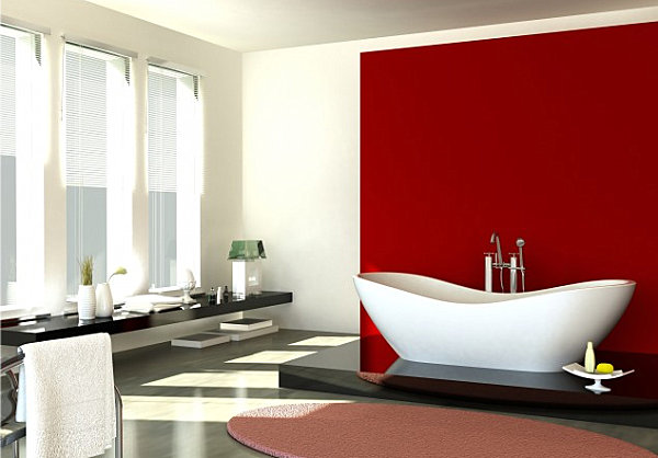 Red accent wall in the bathroom