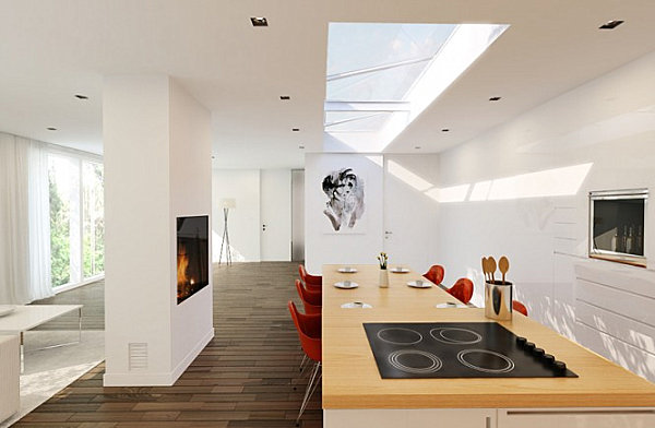 Red chairs in a white modern kitchen