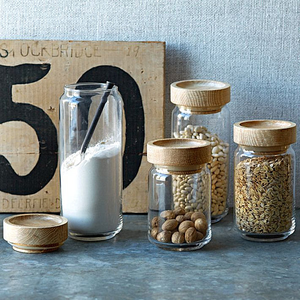 Storage jars in wood and glass