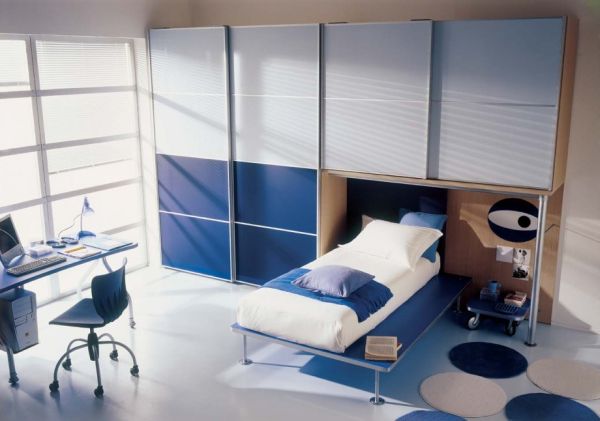 Stylish modern boys' bedroom in blue and grey