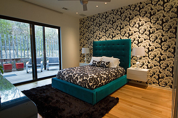 Teal green bed in a modern bedroom