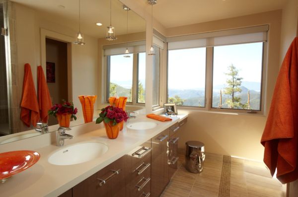 Towels and accessories are a simple way to add accent color to a neutral bathroom space