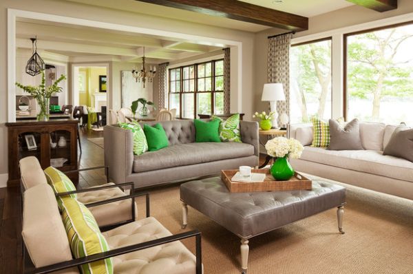 Vase, pillows and wall paint combine green and yellow accents seamlessly