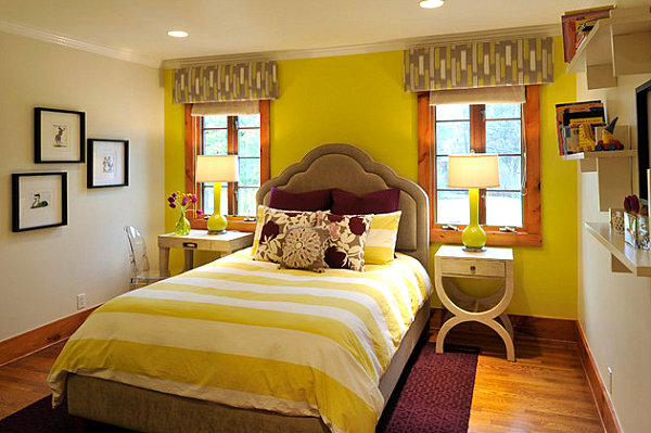 Yellow green bedroom with plum accents