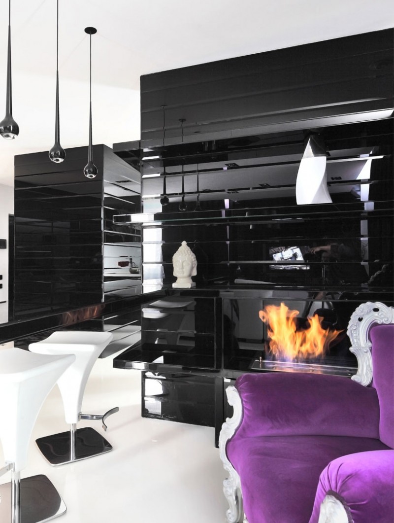 black and white decor with a purple accent