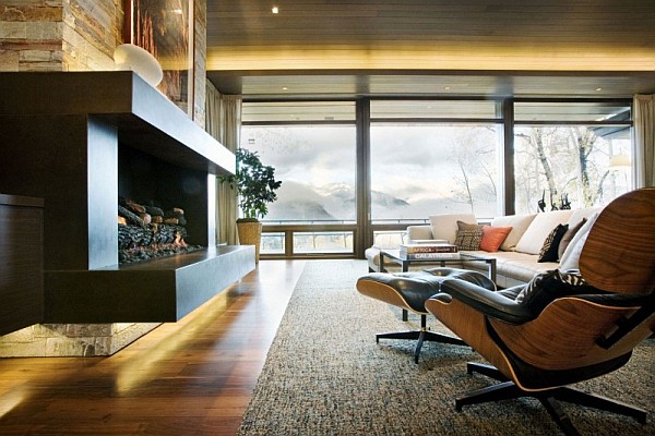 eames chairs and fireplace