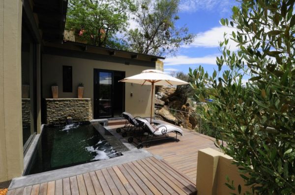 outdoor deck with lap pool