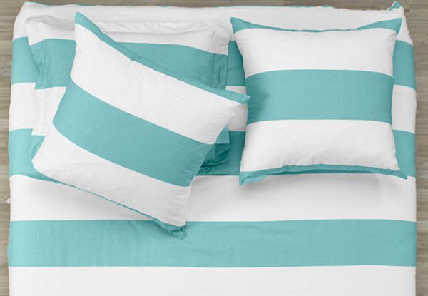 Aqua and white striped bedding