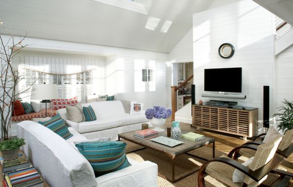 Beautiful modern interiors in white with vibrant turquoise accents