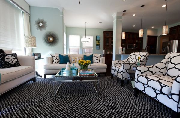 Black and white print combined elegantly with striking turquoise accents