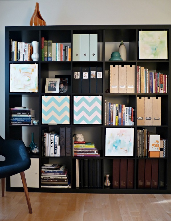 Bookshelf storage with canvas covers