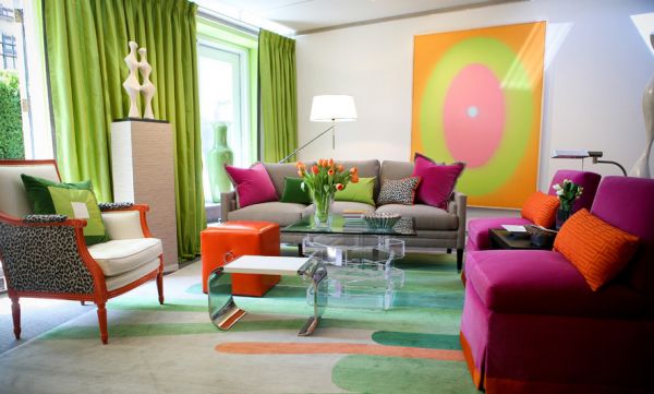 Colorful contemporary living space in lime green, fuchsia and orange