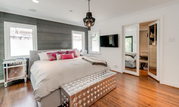 Contemporary bedroom with a pop of fuchsia and silver