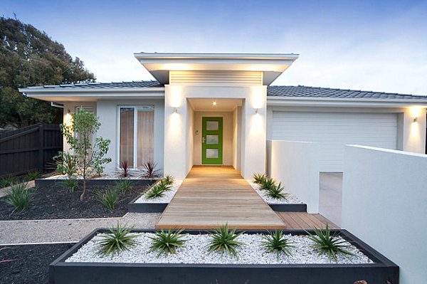 Contemporary planters in a landscaped yard