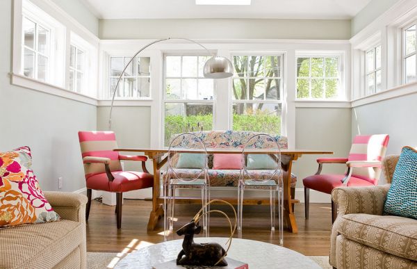 Eclectic dining room employs refreshing shades along with the Arco