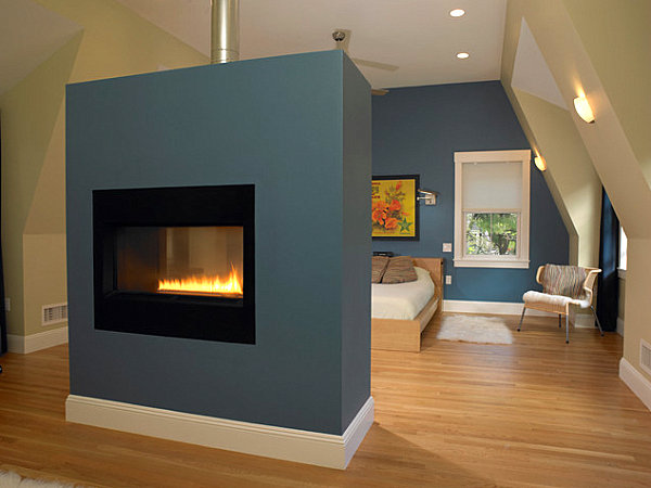 Fireplace in a colorful bedroom