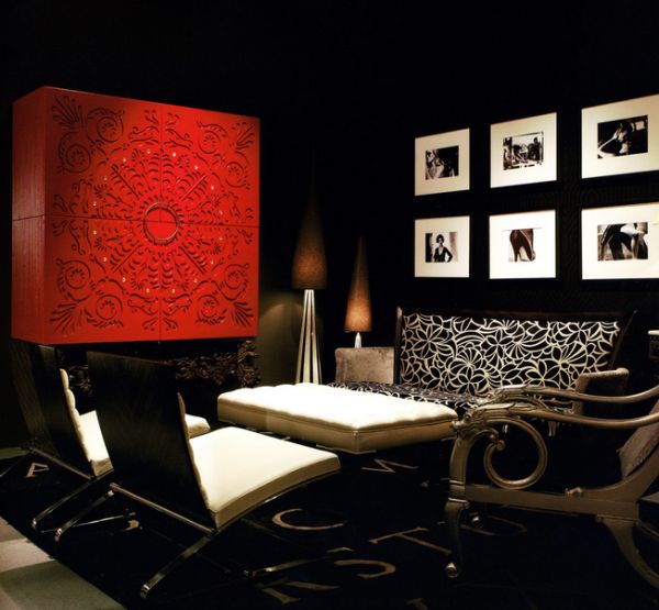 Glittering interiors in black and white with a hint of red