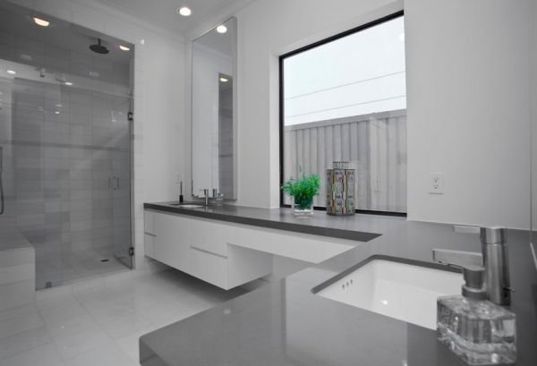 Gray countertop gives this master bathroom a unique appeal