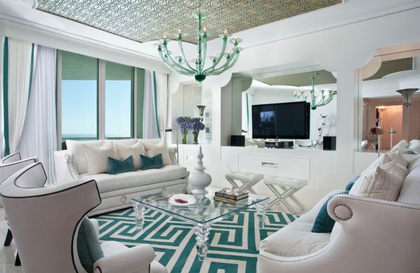 Hollywood Regency styled interiors in shades of turquoise and white