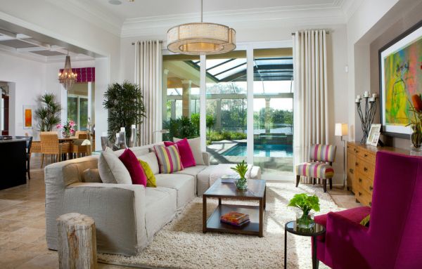 Lovely neutral interiors with pops of bright fuchsia and green