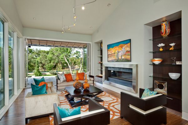 Orange and turquoise accents bring in a bold and bright contrast