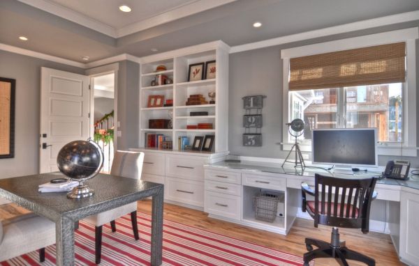 Organized home office in white and gray