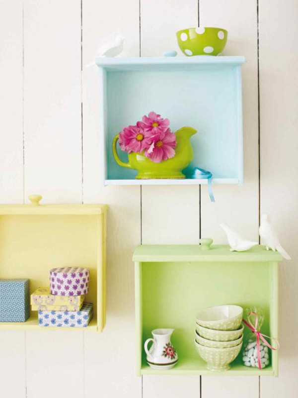 Painted dresser drawer shelves